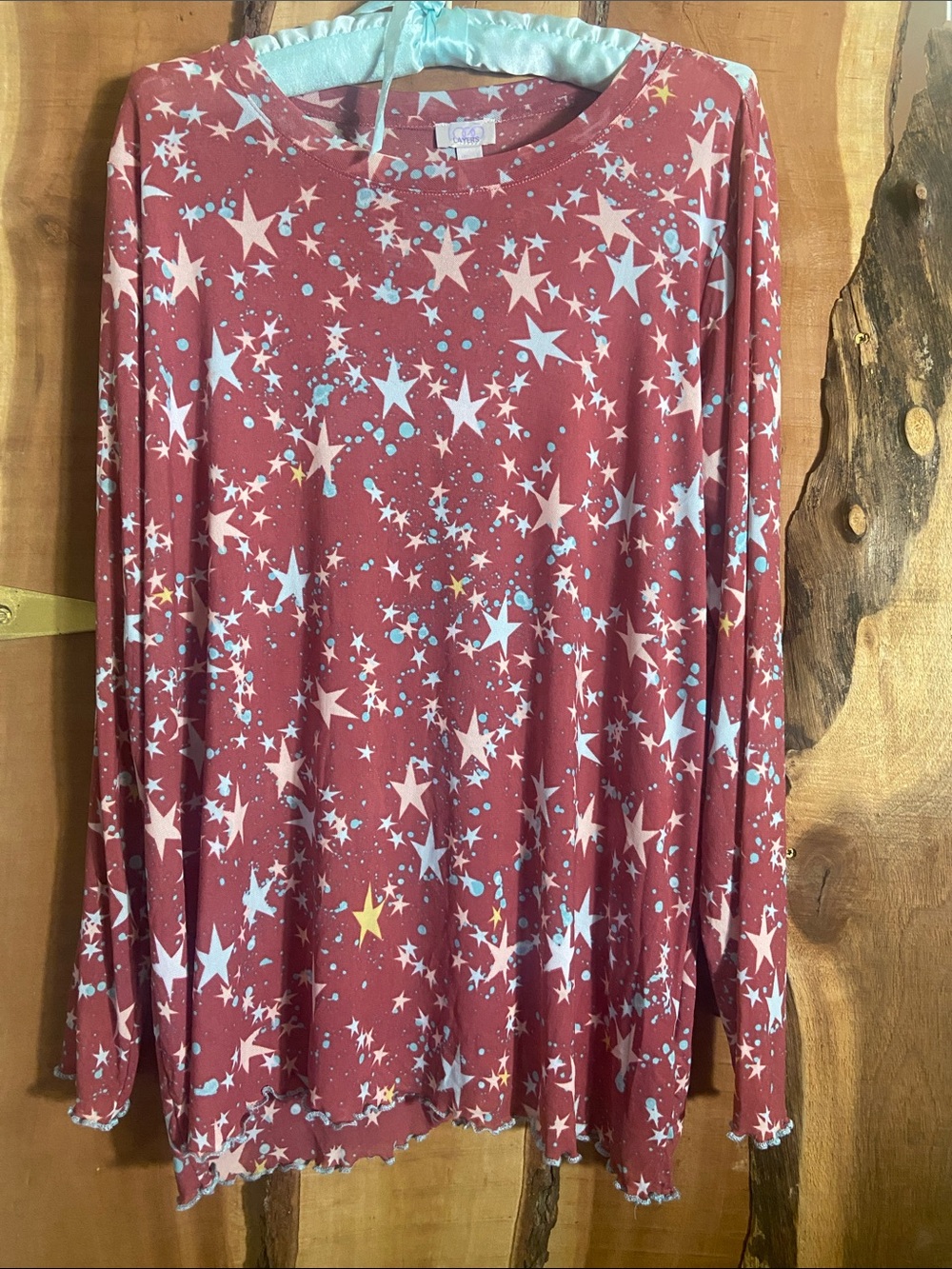 LOGO Layers Sheer Maroon Star-Print Top with lettuce edges Large